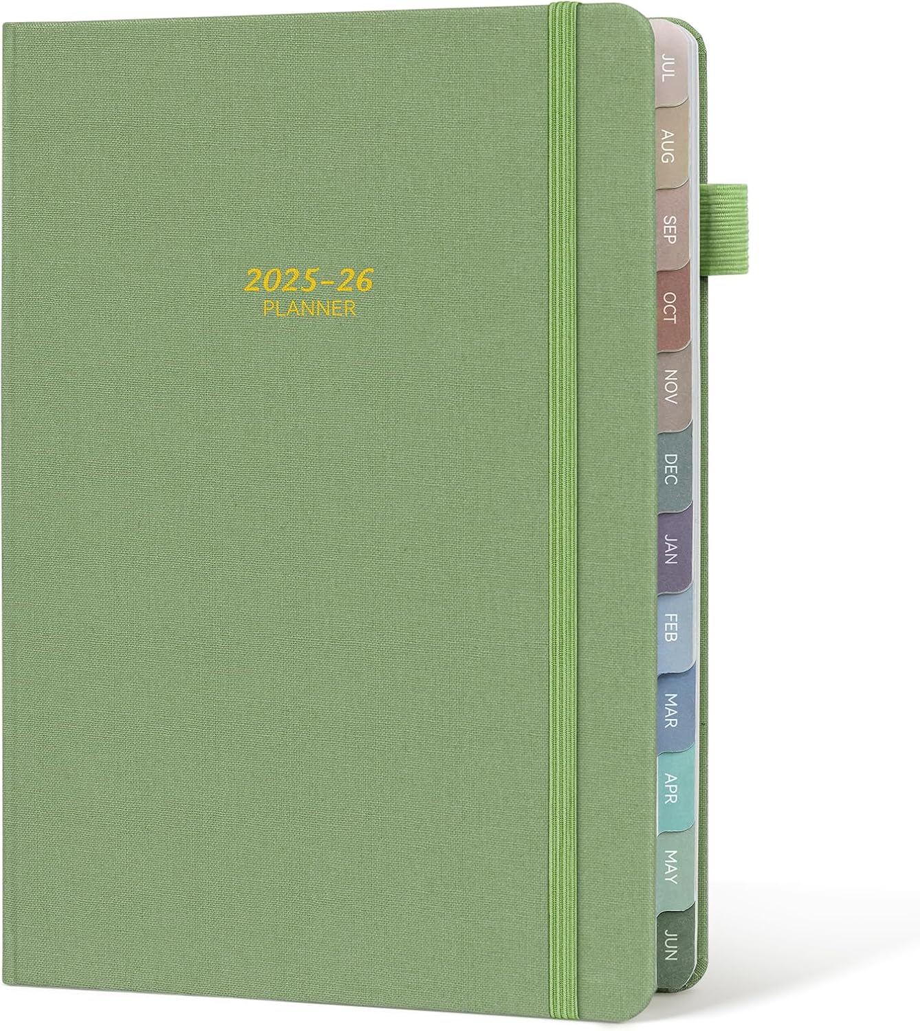 Getink Linen Cover 2025-2026 Planner Weekly & Monthly Daily Agenda Book,2025-2026 To Do List Notebook with Colorful Monthly Tabs, Inner Pocket, Elastic Closure (Green,7.3 * 10)