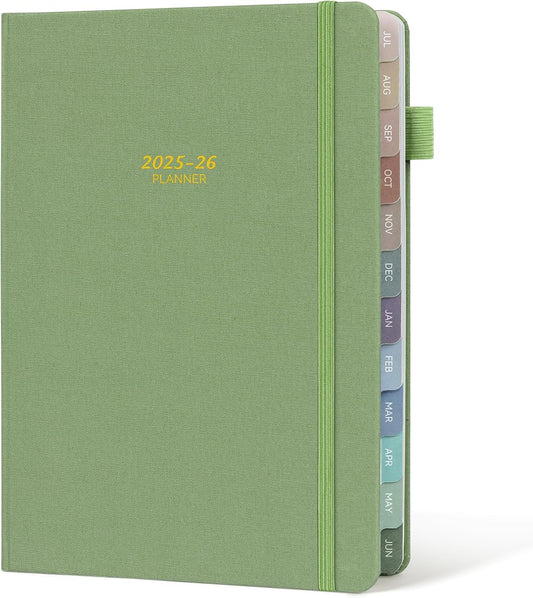 Getink Linen Cover 2025-2026 Planner Weekly & Monthly Daily Agenda Book,2025-2026 To Do List Notebook with Colorful Monthly Tabs, Inner Pocket, Elastic Closure (Green,7.3 * 10)