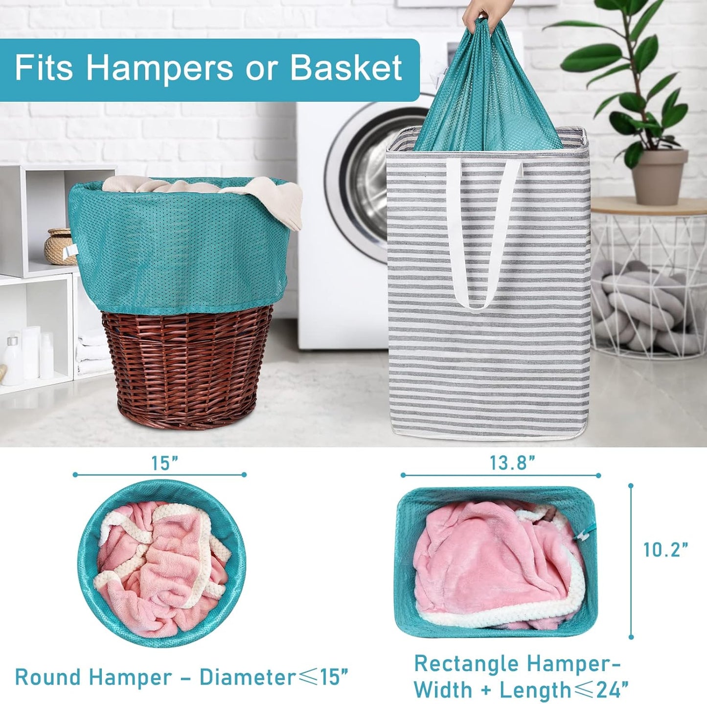 Polecasa Heavy Duty Diamond Large Mesh Laundry Bag with ID Tag and Locking Drawstring Closure - 24 x 36 inches - Laundry Hamper Liner, Washable Laundry Bags for Travel, Sports, Dorms (Aqua)
