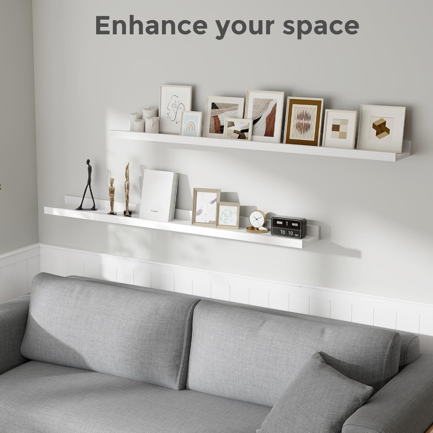 White Long Picture Shelves for Wall with Ledge, Solid Wood Floating Shelves with Lip, Wall Mounted Storage Shelves for Kitchen, Living Room, Bedroom, 48 Inch Long, Set of 2