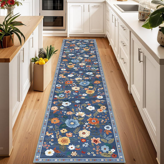 Floral 2x10 Area Rug Machine Washable Soft Print Boho Carpet Non Slip Doormat Low Pile Flower Area Rugs for Living Room Bedroom Nursery Kitchen Dining Room Indoor-Blue/Grey