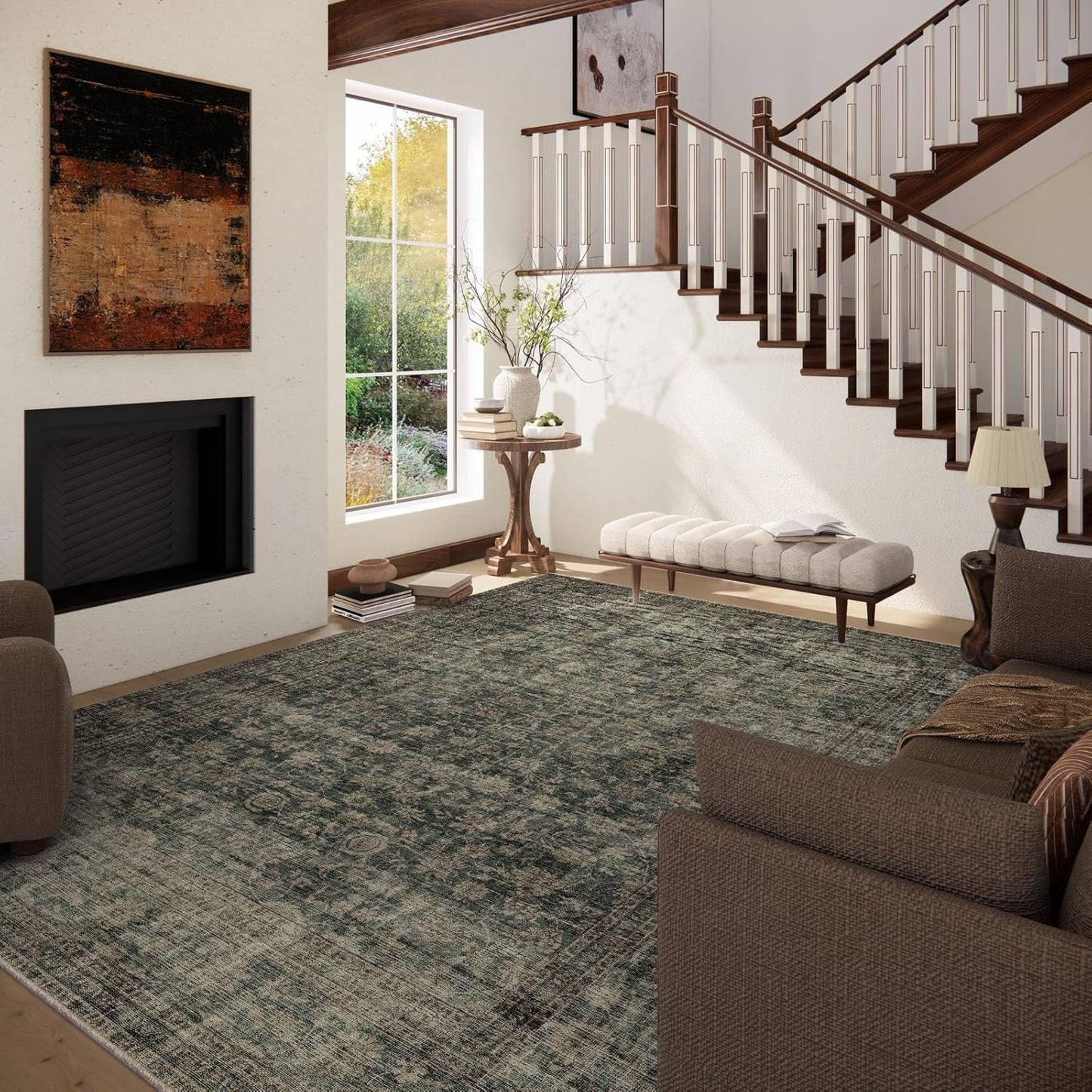 Washable Living Room Area Rug: 6x9 Area Rugs for Bedroom Vintage Stain Resistant Non Slip Low Pile Lightweight Boho Carpet for Kitchen Dining Room Farmhouse Kids Room Nursery