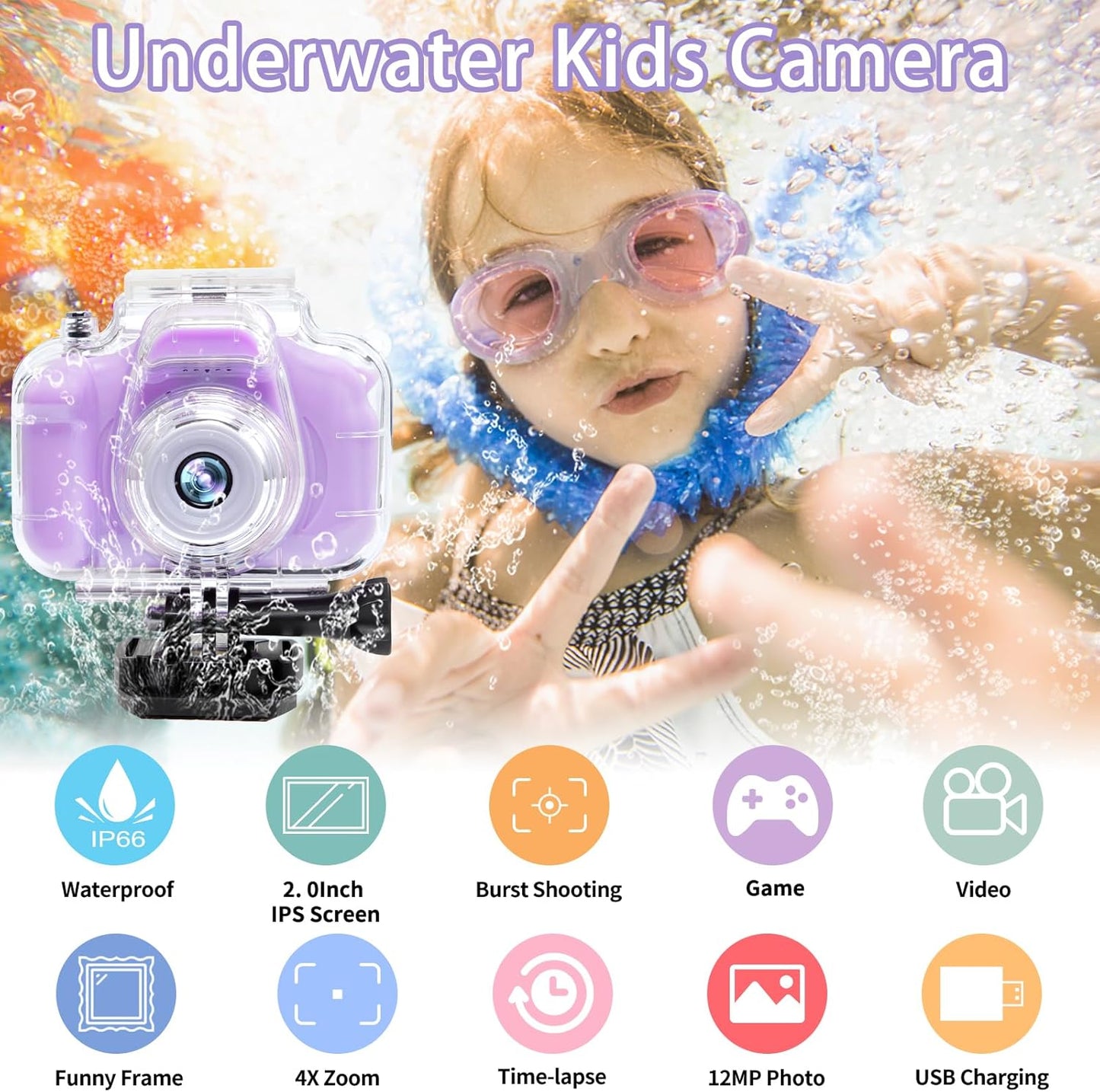 Kids Camera Waterproof Underwater Camera for 3-12 Year Old Boys Girls 2 Inch IPS Screen 1080P HD Digital Kids Video Camera Indoor Outdoor Action Cameras Best Christmas Birthday Gifts