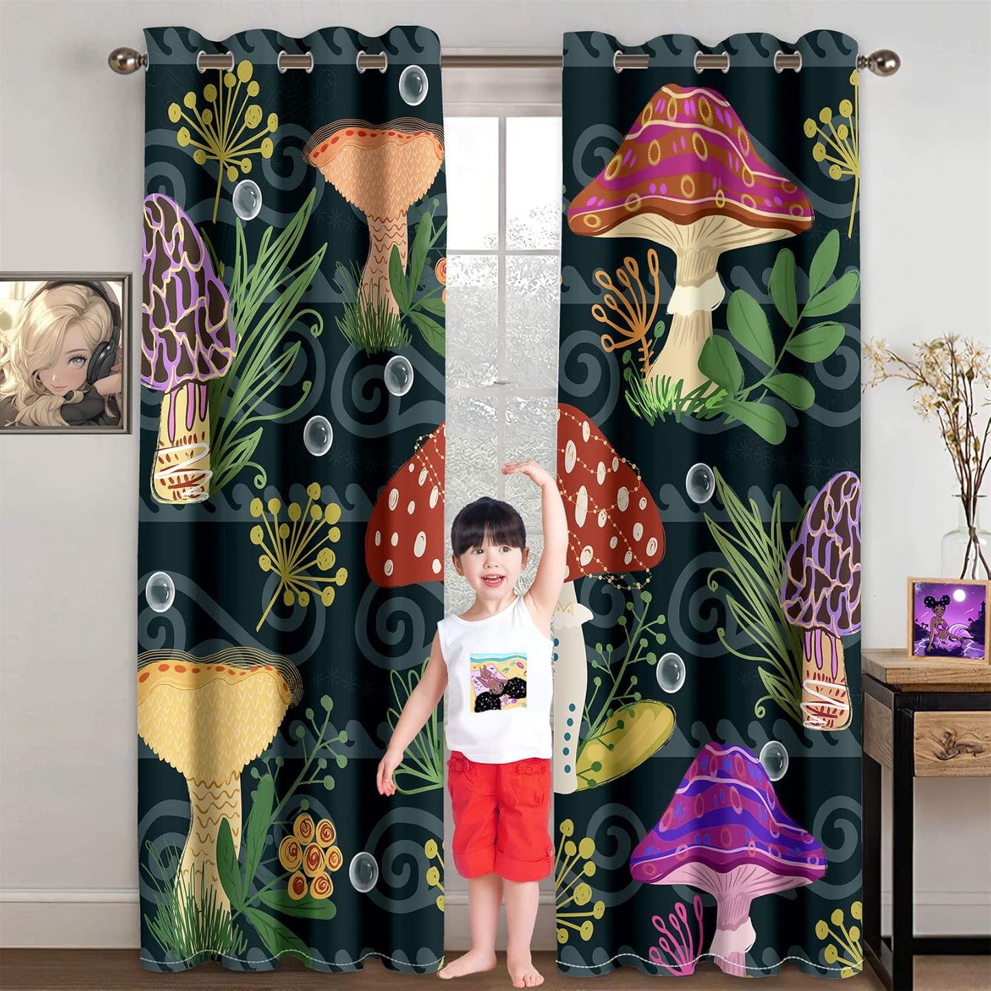 Mushrooms Curtain Panels for Kids Room 2Pcs, Green Cartoon Blackout Curtains 84 inch Length for Kids Bedroom Nursery Room Grommet Top Thermal Insulated Curtains, Dinosaur Print, 82" x 84"