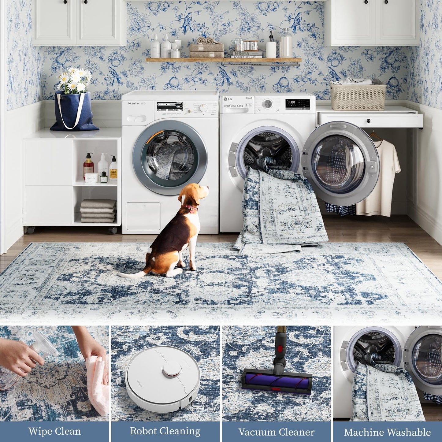 jinchan 4x6 Area Rugs for Bedroom - Machine Washable Distressed Vintage Floral Design Stain Resistant Boho Carpet Ultra-Thin Low Pile Non-Slip Rug for Living Room Dining Room Kitchen (4‘x6',Dark Blue)