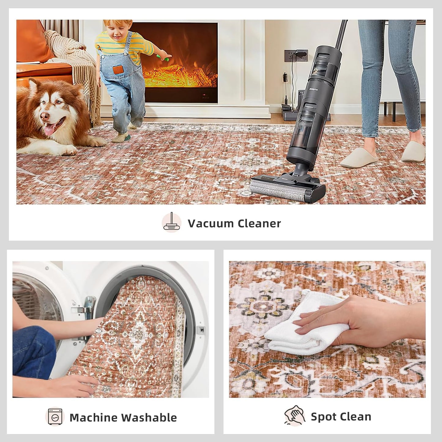 Deerly Rug 3x5 Washable Rug Non-Slip Area Rugs for Bedroom Living Room Kitchen, Printed Low-Pile Ultra-Soft Cute Dorm Rug Room Decor for Teen Girls(Brick Red)(Border Brick Red)