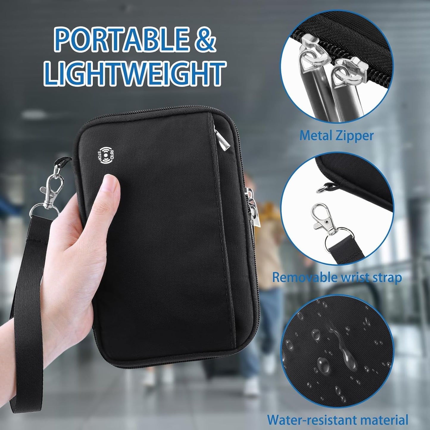 WALNEW Passport Holder for Travel Family, RFID-Blocking Travel Wallet Holder for 6 Passports, Water Resistant Bag Document Organizer for Cards, Cash, Boarding Passes, Tickets (Black)