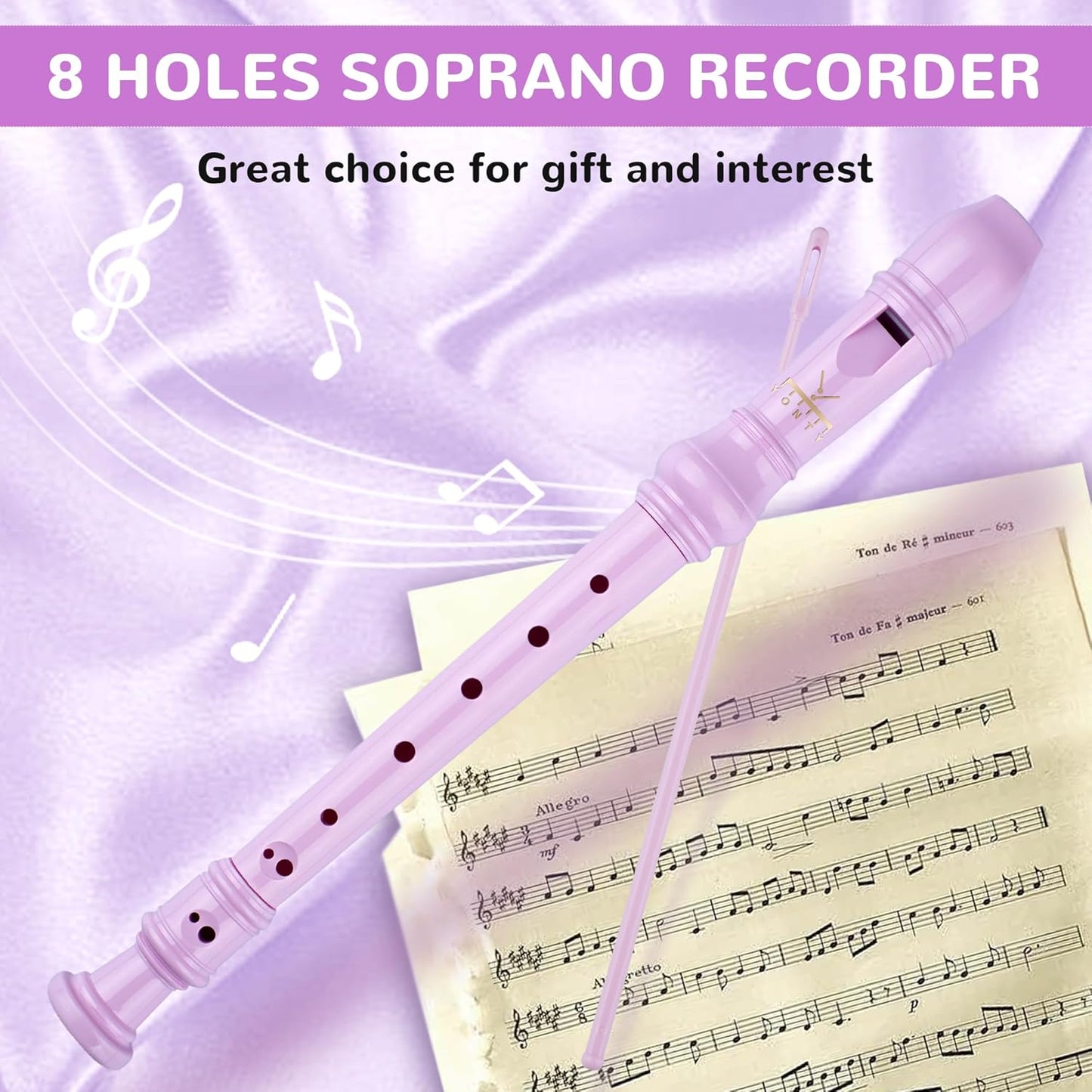 Soprano Recorder 8-Hole Instrument for Kids Beginners, German Style C Key Kids Flute with Cleaning Rod & Case Bag for School Education Home Entertainment - Pink