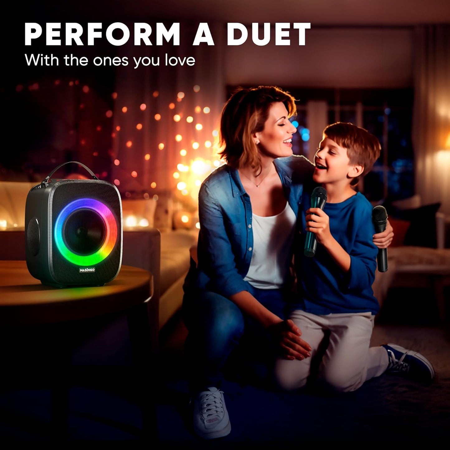 MASINGO Karaoke Machine for Kids and Adults with 2 Wireless Bluetooth Microphones, Portable 3D Sound Speaker with Colorful LED Lights, Supports TF Card/USB, AUX in, FM, TWS for Home Party, Cantando C2