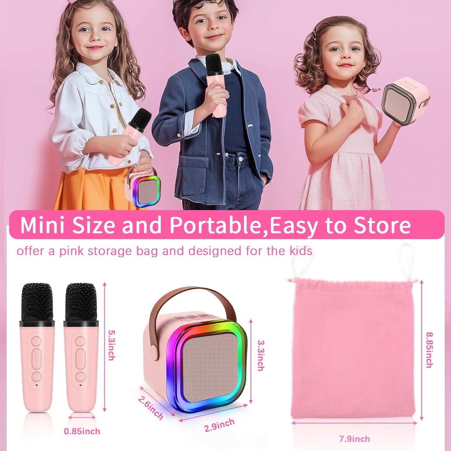 Mini Karaoke Machines for Kids, Girls Portable Karaoke Machine with 2 Microphones Speaker, 3 LED Disco Lights,5 Funny Sound, Gift for Boy Toddler Teen Adult Birthday Holiday Home Party