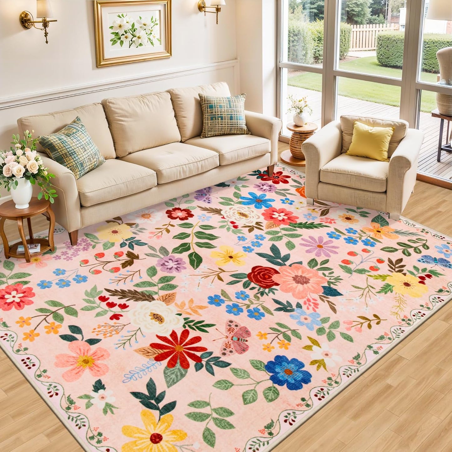 Area Rug Living Room Rugs: Floral 5x7 Washable Rug Vintage Soft Boho Non-Slip Carpet Indoor Floor Stain Resistant Large Carpets for Bedroom Dining Room Farmhouse Nursery Hallway Home Office Beige