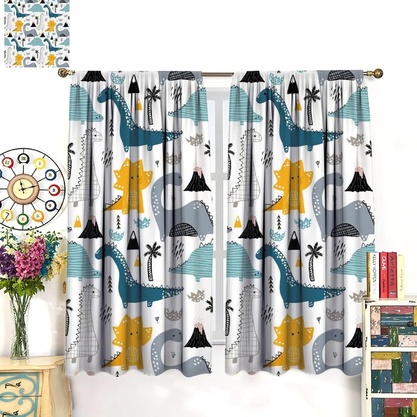 Kids Dinosaur Curtains for Boys Girls Bedroom Decor Cartoon Dino Colorful Cute Funny Wildlife Animal Printed Blackout Rod Pocket Window Drapes for Baby Nursery Playroom Living Room W42xL84in 2 Panels