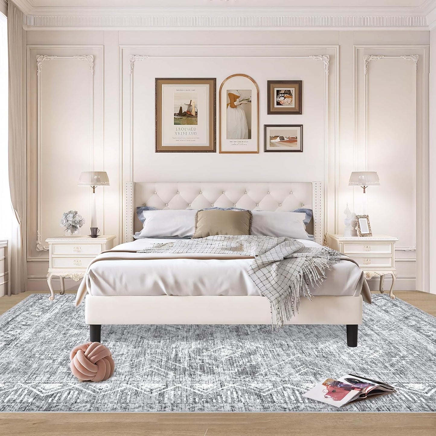 Large Living Room Area Rug 9x12 - Machine Washable Vintage Boho Moroccan Rugs Geometric Neutral Rug Non-Shedding Low Pile Distressed Farmhouse Carpet for Bedroom Nursery Classroom Dorm (9 x 12, Grey)