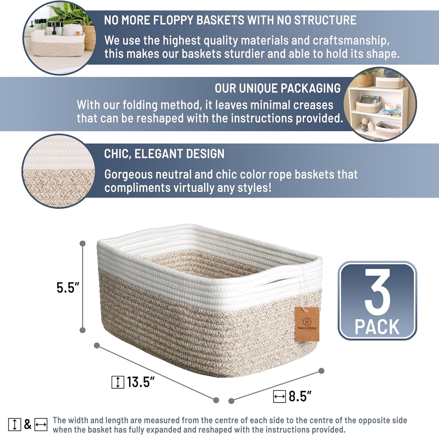 NaturalCozy 13.5”x8.5”x5.5” Storage Baskets for Shelves 3 Pack | Cotton Rope Woven Small Baskets for Organizing | Small Storage Bins for Nursery, Bathroom, Closet, Cube Shelf, Decorative, Gift