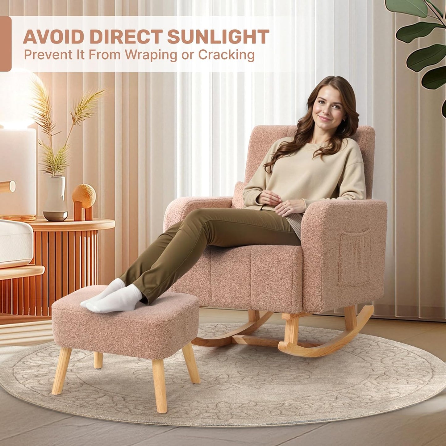 Rocking Chair with Ottoman, Upholstered Glider Rocker with High Backrest and Side Pocket, Comfy Reading Chair with Solid Wood Legs for Nursery, Living Room,Bedroom Coffee