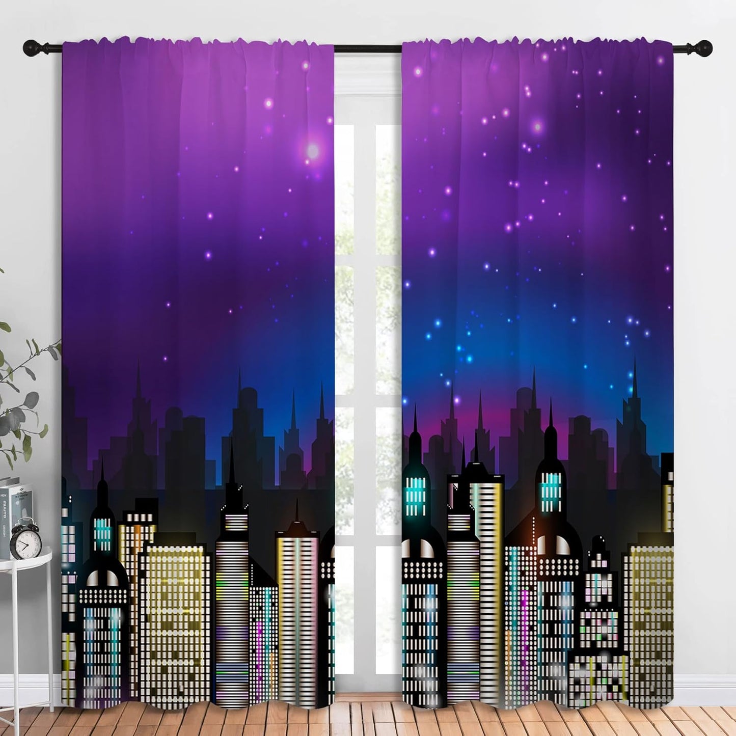Superhero Rod Pocket Blackout Curtains for Boy Girl Bedroom, Super City Skyline Buildings Night Panorama Thermal Insulated Home Window Drapes for Living Room Darkening, 84x72 inch