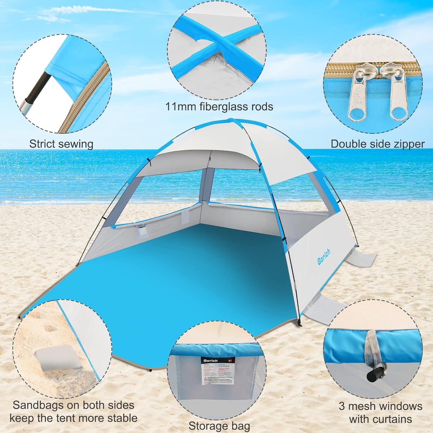 Gorich Beach Tent Sun Shelter for 3/4-5/6-7/8-10 Person with UPF 50＋ UV Protection, Lightweight & Easy Setup Beach Shade Canopy, Portable Beach Shade Tent Beach Cabana
