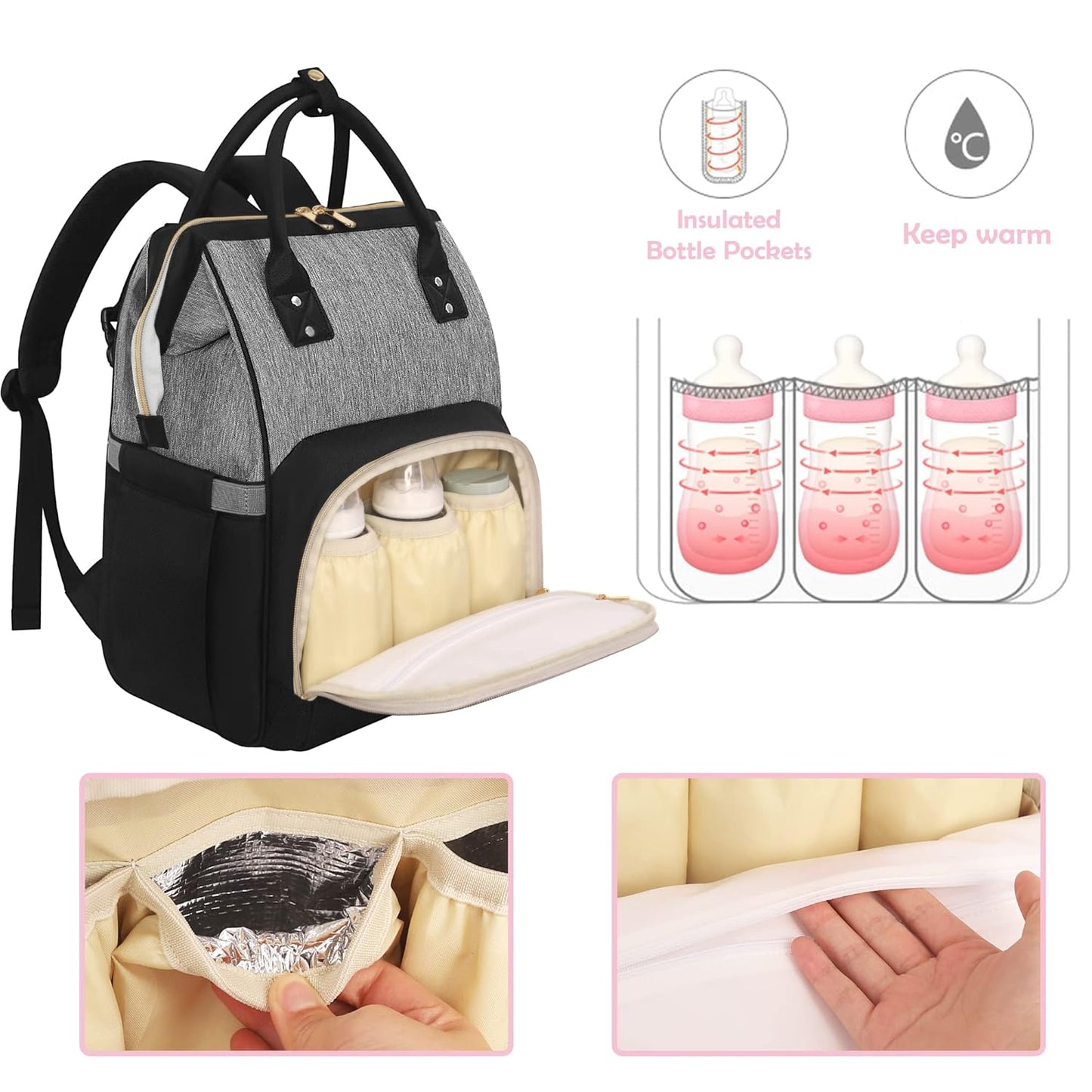 Femuar Diaper Bag Backpack Multifunction Maternity Nappy Baby Bag for Girls & Boys Large Capacity Travel Diaper Bags Black Gray