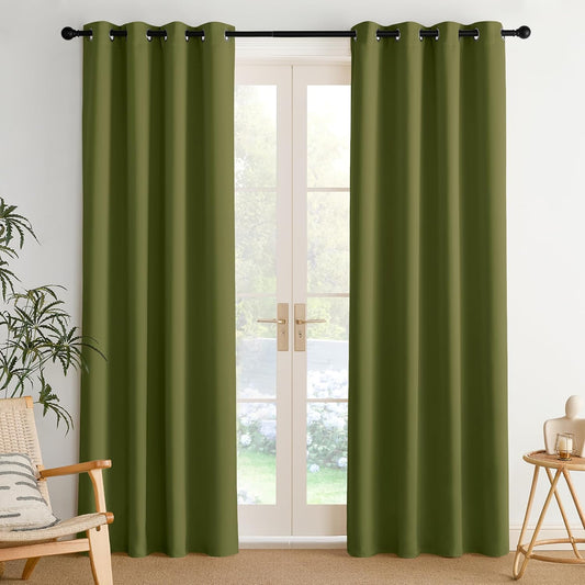NICETOWN Olive Green Curtains for Living Room 84 inches Long 2 Panels, Thermal Grommet Curtains for Living Room, Noise Reducing Privacy Window Treatment Shades for Nursery, Laundry Patio, W52
