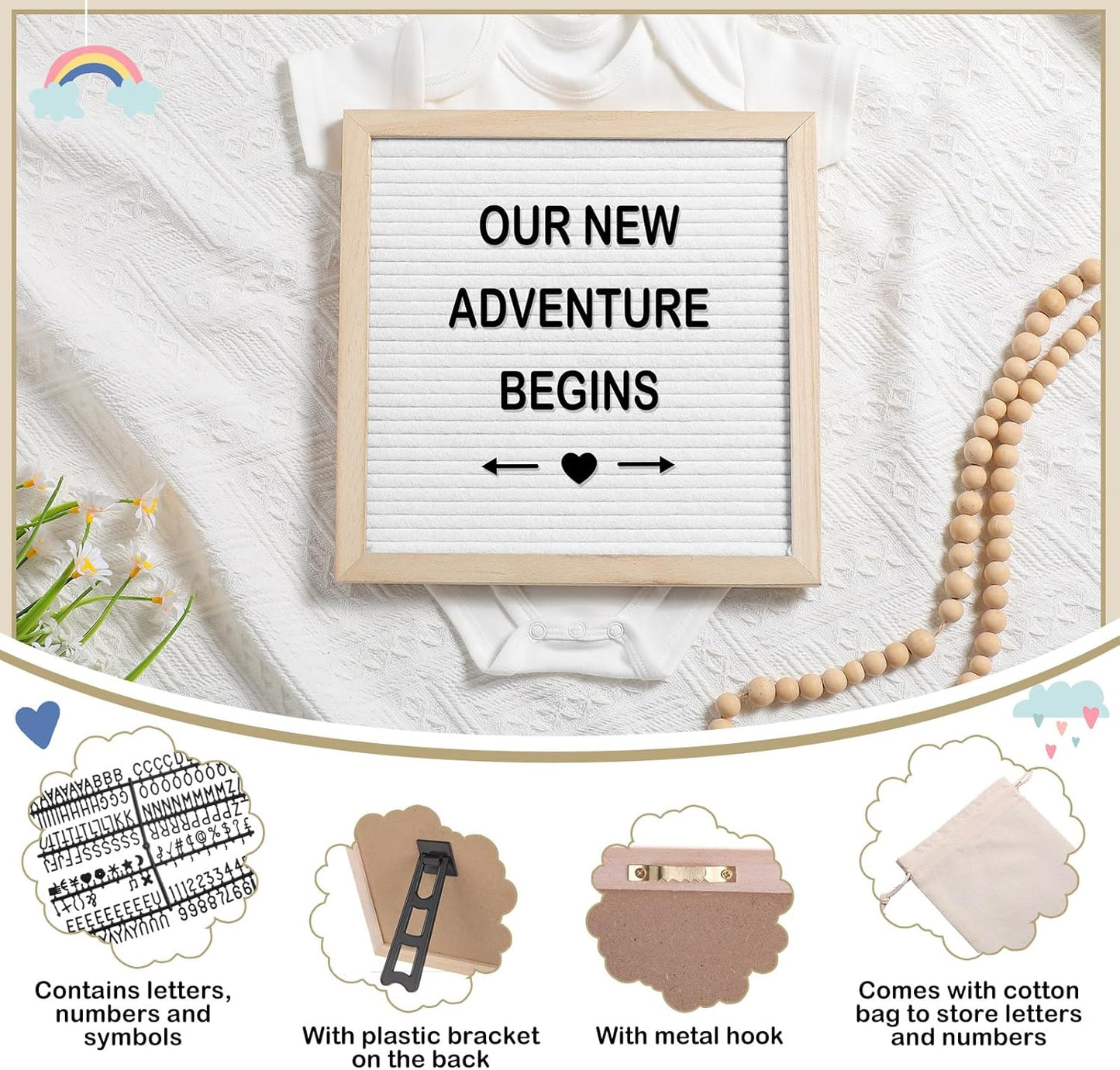 9 Pcs Pregnancy Announcement Set Pregnancy Reveal Ideas Felt Letter Board Baby Bodysuit Baby Booties Photo Frame Bear Plush Baby Wood Blocks for Coming Soon Baby Announcement (White,Bright)