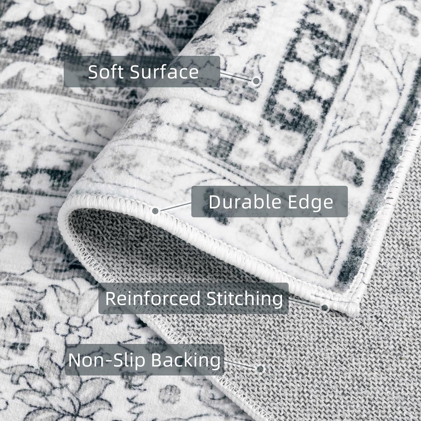 Grey Rug 6x9 Boho Vintage Rugs for Living Room, Washable Rugs Non Slip Large Area Rug for Dining Room Bedroom Office, Floor Decoration Big Rug Low-Pile Kid & Pet Friendly(Grey)