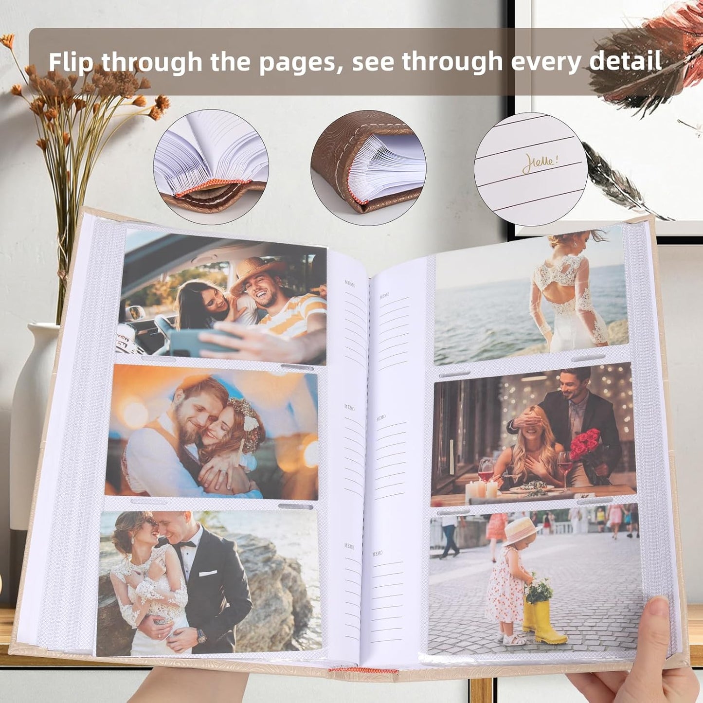 RECUTMS Photo Album with Writing Space 4x6 300 Pockets Photo Book,Leather Cover Picture Album with Memo Areas for Wedding Anniversary Family Baby Couple Valentines Graduation Travel (Beige)