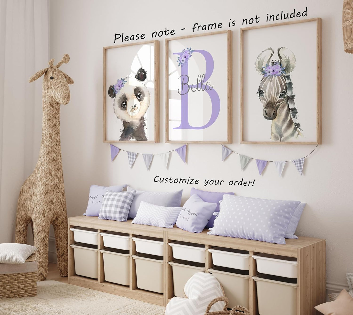 Personalized Safari Animals for Baby Girls Nursery, Set of 3 Unframed Poster Prints, Personalized Name Pink Lilac Floral, Girls Bedroom Decor, Elephant Giraffe (11x14)