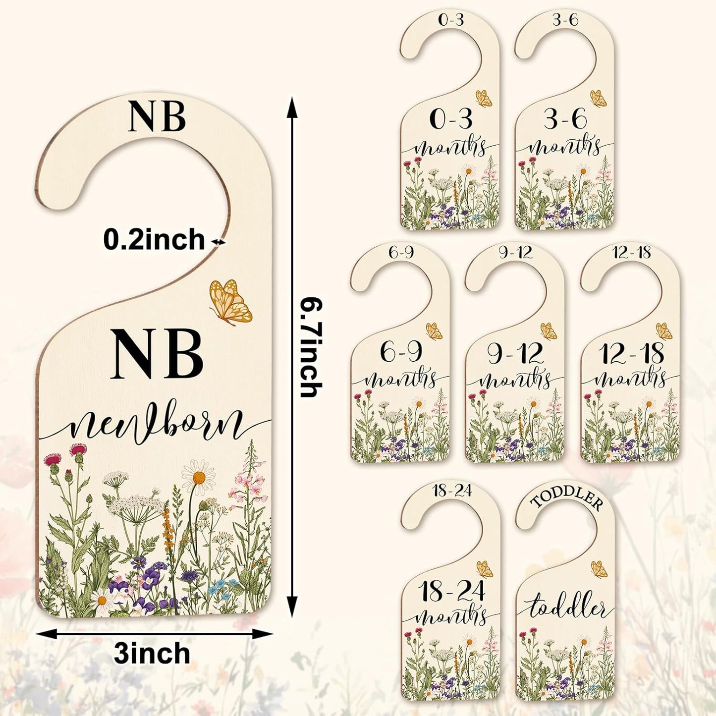 Whaline 8Pcs Wildflower Baby Closet Size Dividers Vintage Floral Leaves Hanging Wood Baby Closet Organizer Newborn to 24 Months Thicken Baby Wardrobe Organizer for Home Nursery
