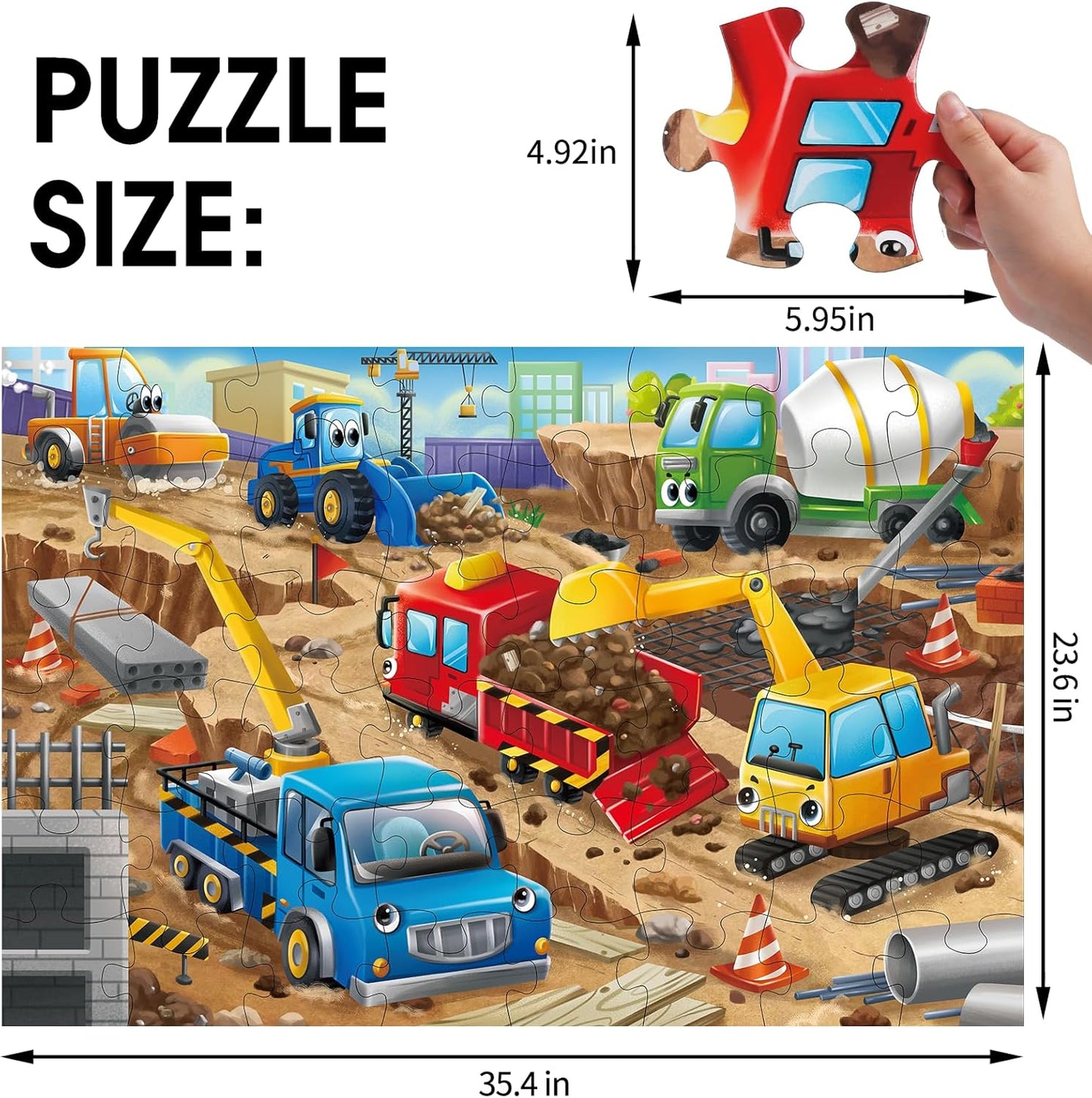 Jumbo Floor Puzzle for Kids,Construction Site Jigsaw Large Puzzles,48 Piece Construction Vehicle Puzzle for Toddler Ages 3-5,Children Learning Preschool Educational Toys,Gift for 4-8 Years Old