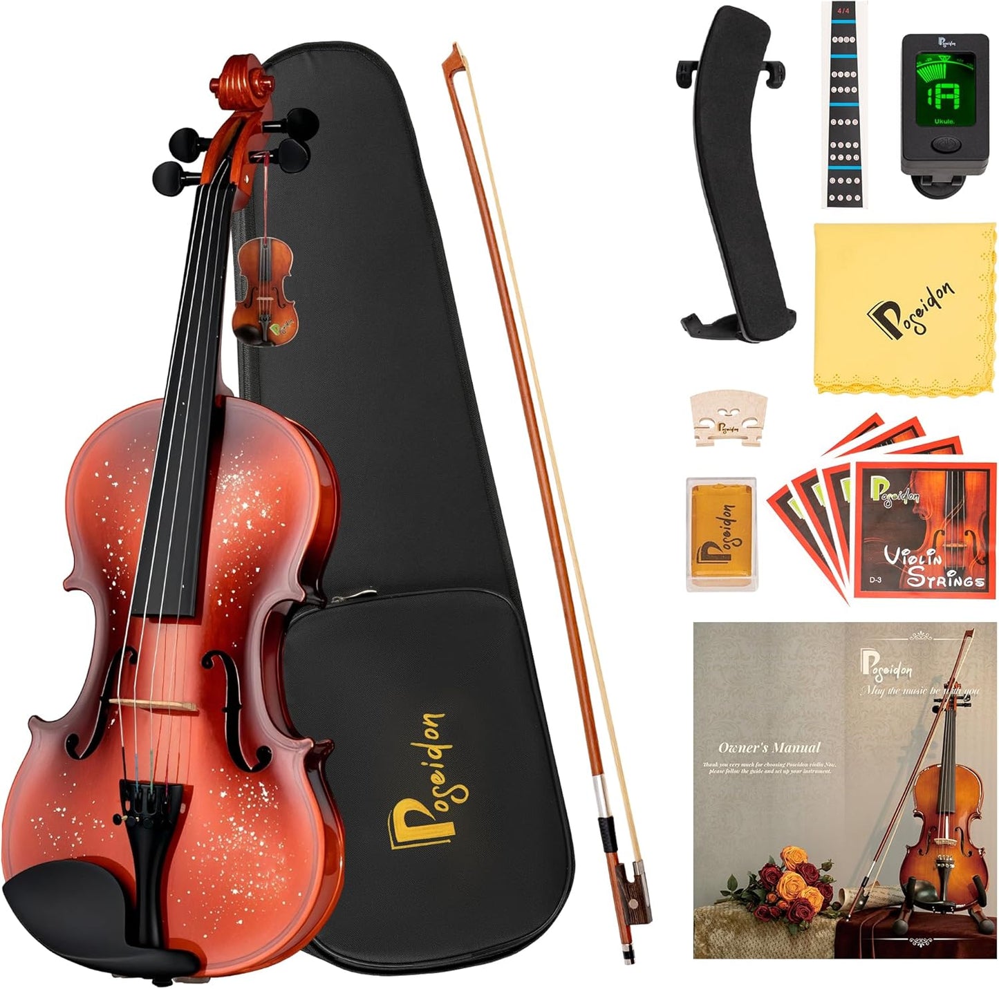 Poseidon Violin for Beginner, Full Size Violin Set for Student Spruce Acoustic Violin Fiddle with Case, Bow, Rosin, Horse Bridge, Extra 4/4 Strings Full Set, Shoulder Rest, Tuner - Christmas Red