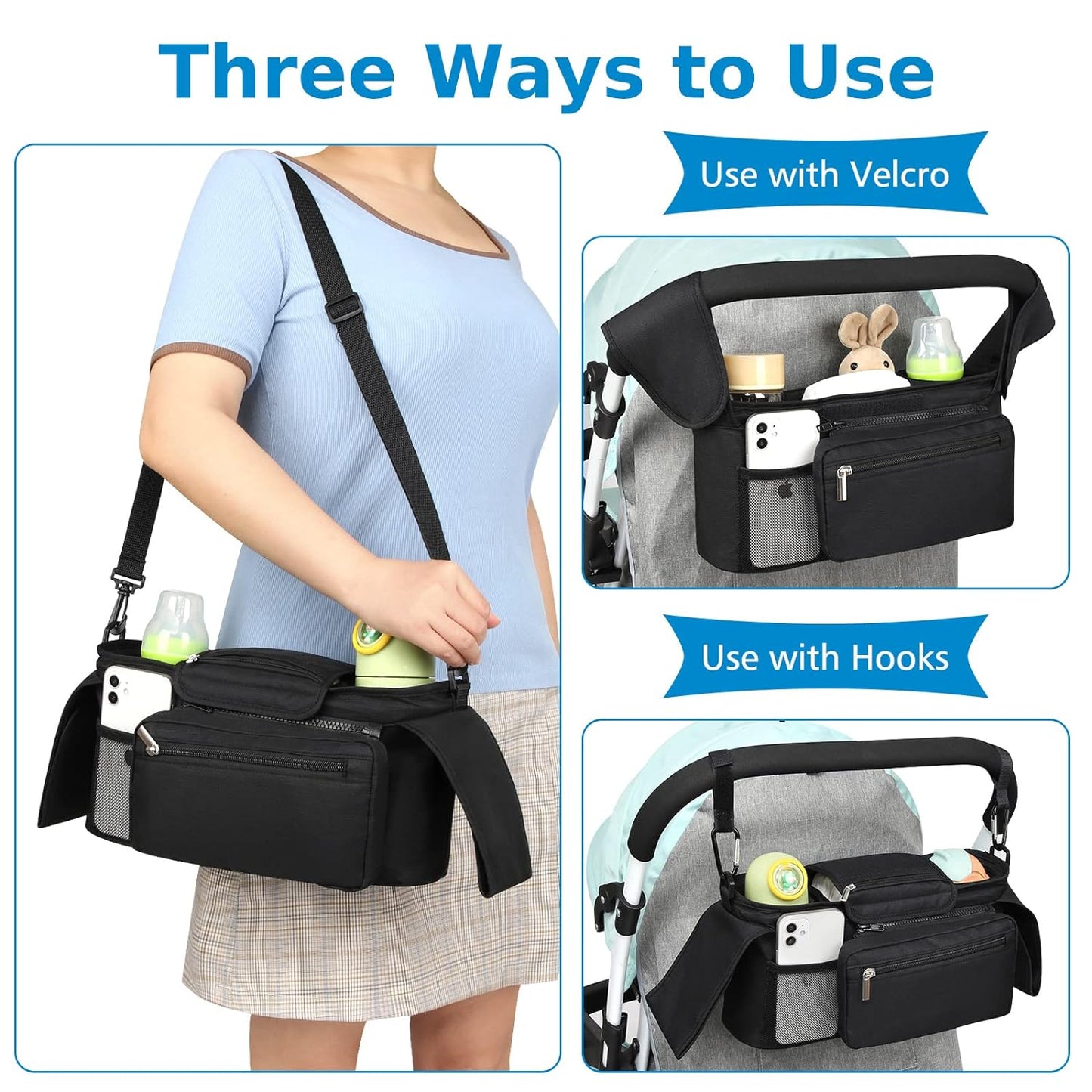 Accmor Universal Stroller Organizer with Insulated Cup Holder Detachable Phone Bag and Shoulder Strap,Stroller Bag Caddy Organizer Fits for Uppababy, Baby Jogger, Britax Strollers
