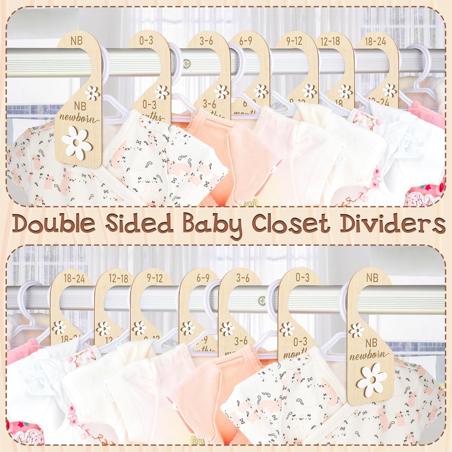 R HORSE Wooden Baby Closet Dividers - 8Pcs Double-Sided 3D Daisy Nursery Closet Organizer Baby Clothes Size Hanger Dividers Newborn Nursery Decor Birthday Gift for Boy Girl (0-24 Months)