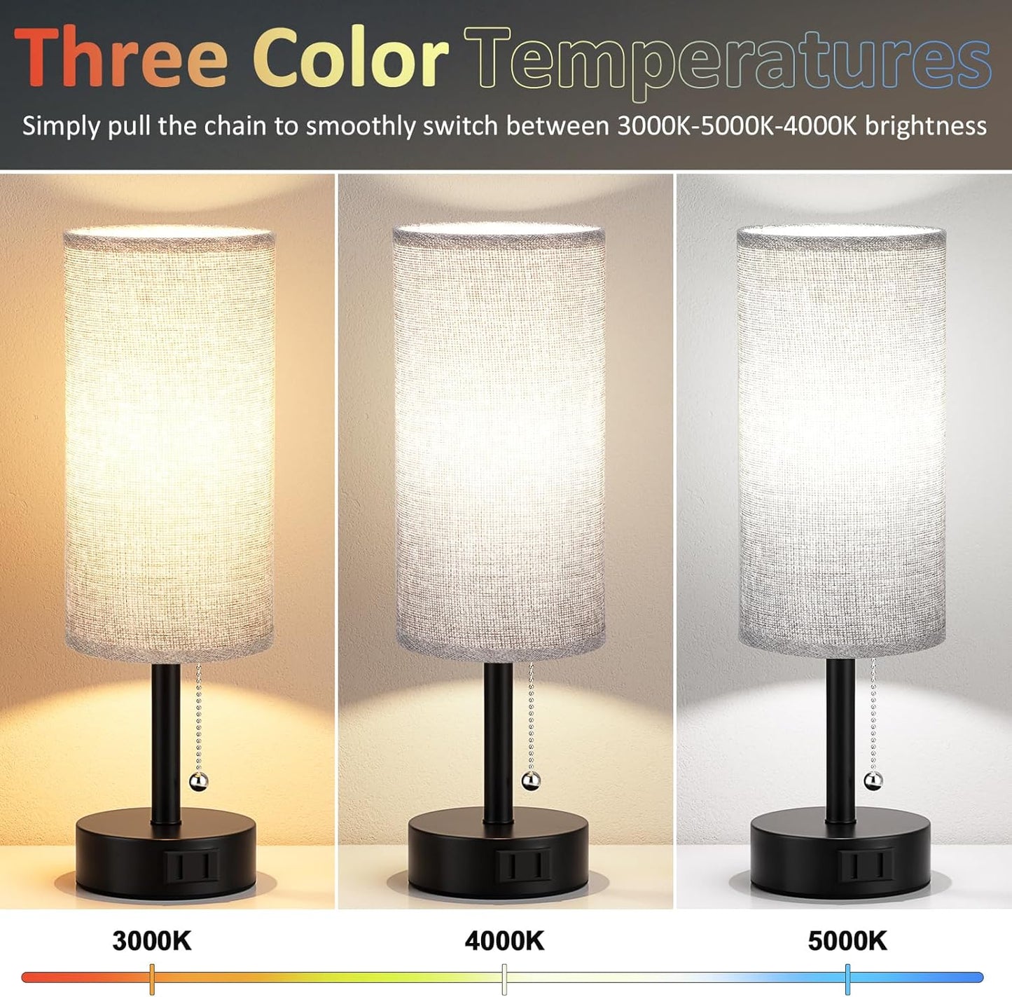 Grey Bedside Table Lamps Set of 2-3 Color Temperatures Pull Chain Lamp with AC Outlet Charging Port, Round Night Stand Lamps for Bedroom Office, Small Bed Side Light with E26 LED Bulbs