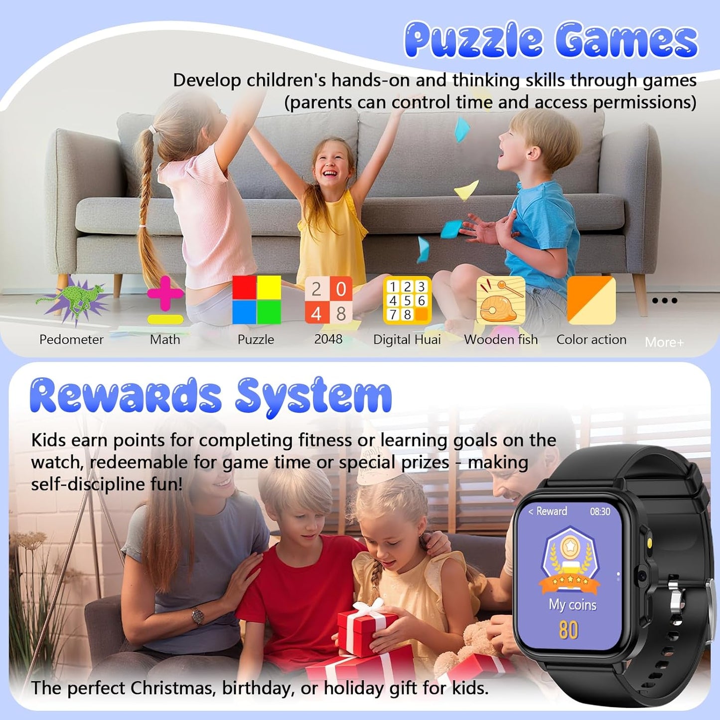Smart Watch for Kids, 1.85" Fitness Tracker Pedometer Watch, Health, Sleep Monitor, Puzzle Games, Alarm Clock, Camera, Music Player, Torchlight, Activity, Gift Toys for 4 - 13 Years Old Boys and Girls