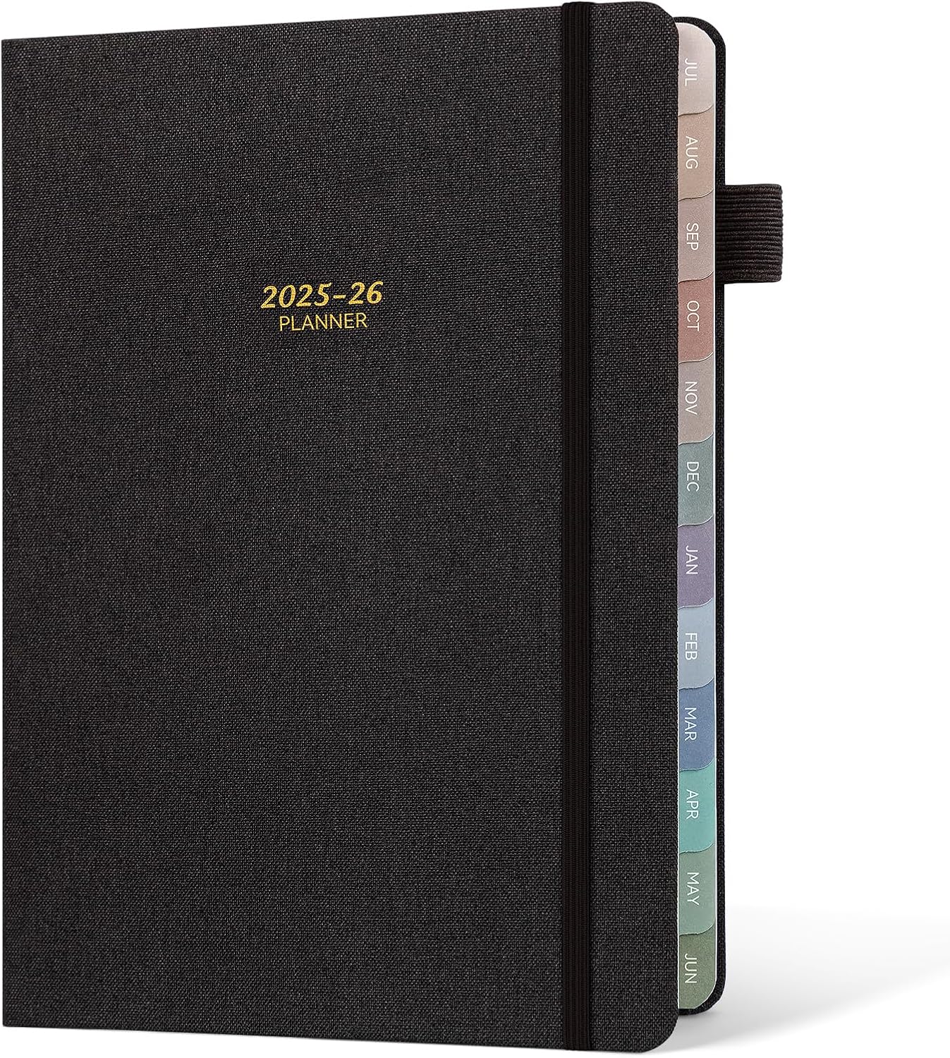 Getink Linen Cover 2025-2026 Planner Weekly & Monthly Daily Agenda Book,2025-2026 To Do List Notebook with Colorful Monthly Tabs, Inner Pocket, Elastic Closure (Black, 7.3 * 10)