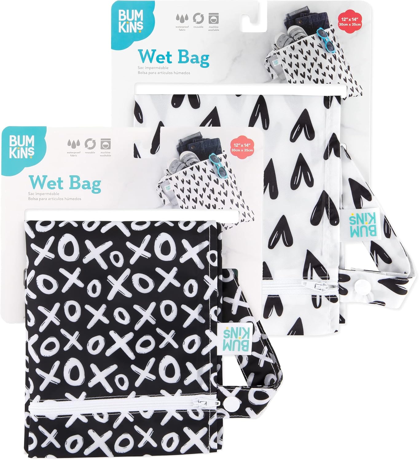 Bumkins - Waterproof Wet Bag - For Baby, Travel, Swim Suit, Cloth Diapers, Pump Parts, Pool, Gym, Toiletry, Strap to Stroller - Reusable & Easy to Clean - 2pk - Hearts & XOXO