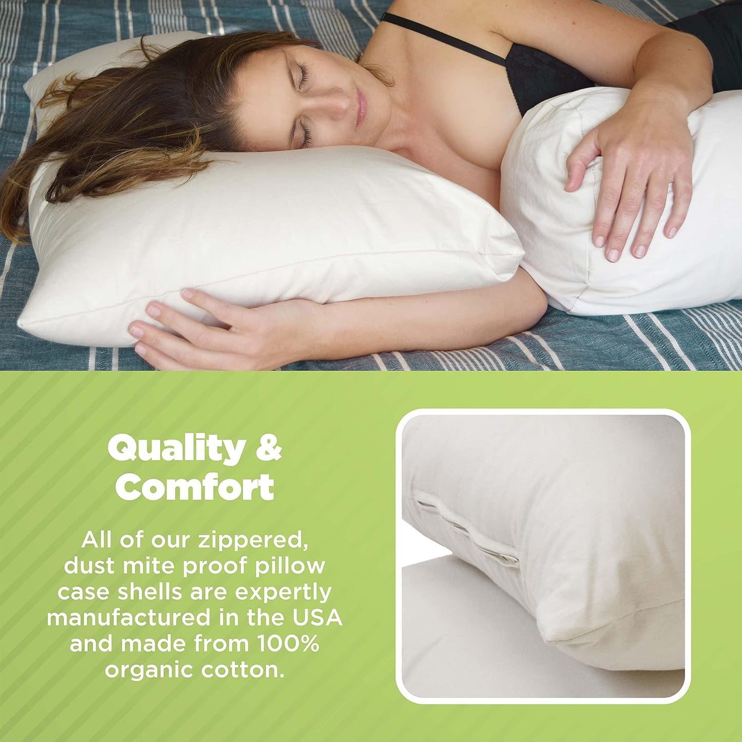 Bean Products Standard Organic Kapok Pillow + Natural Org Case - 20" x 26" - Organic Cotton Zippered Shell - Made in USA