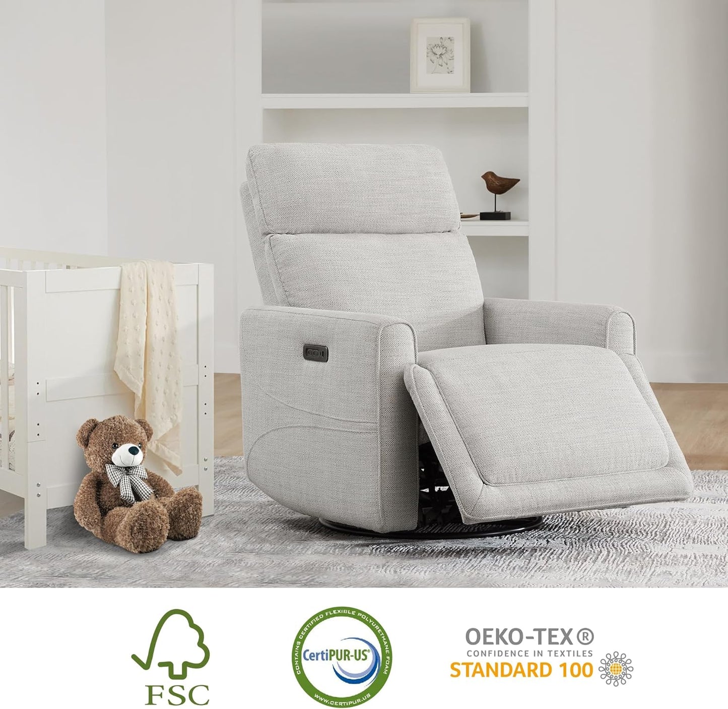 CHITA Electronic Power Recliner Chair Swivel Glider, FSC Certified Modern Nursery Rocking Chair with USB and Type-C Ports, Ivory