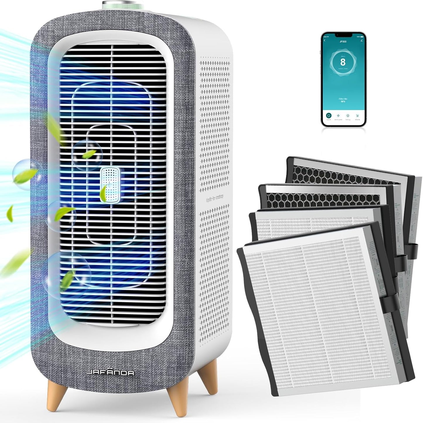 Jafända Air Purifiers for Home Large Room Up To 2105ft², 4×True HEPA 13 Activated Carbon Air Filter, Quiet Air Cleaner for Bedroom Removes 99.97% Dust Smoke Odor Pollen Pets Hair Dander Allergies