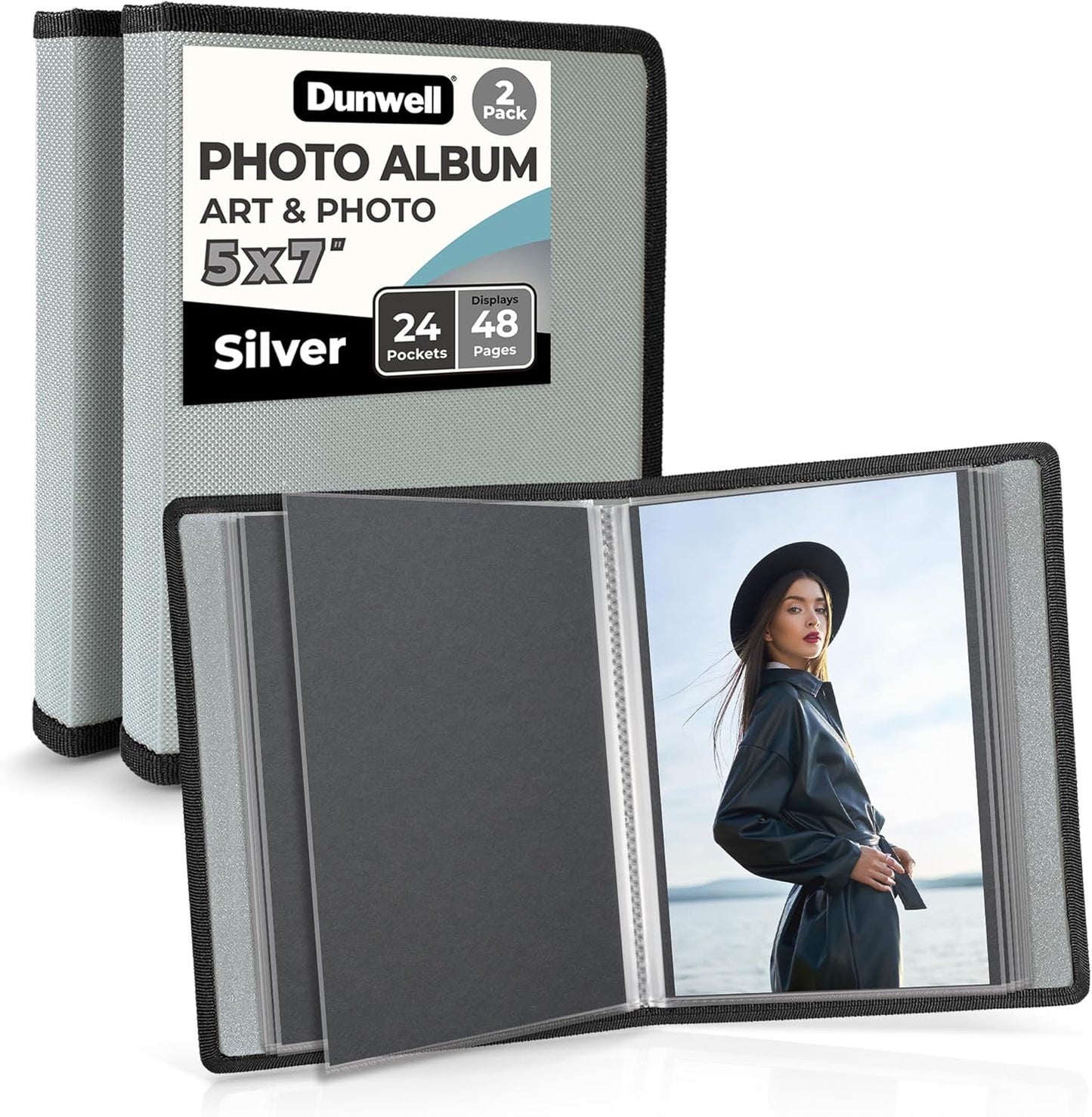 Dunwell Small Photo Album 5x7 (2-Pack), Mounting Paper, 5 x 7 Art Portfolio Binder, 24 Sleeves Display 48 Pages, Acid-Free Poly Professional Picture Book for 5x7 Artwork, Postcards