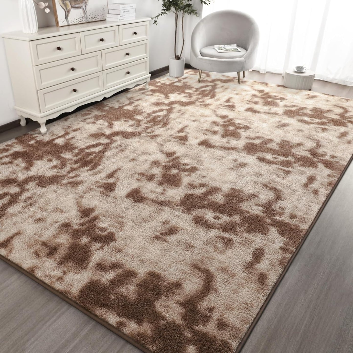 Kimicole 4x6 Washable Area Rugs for Bedroom Living Room, Low Pile Ulta-Thin Solid Color Rug, Non-Slip Soft Fluffy Carpet for Nursery Kids Room Dorm Room Home Decor (Brown)