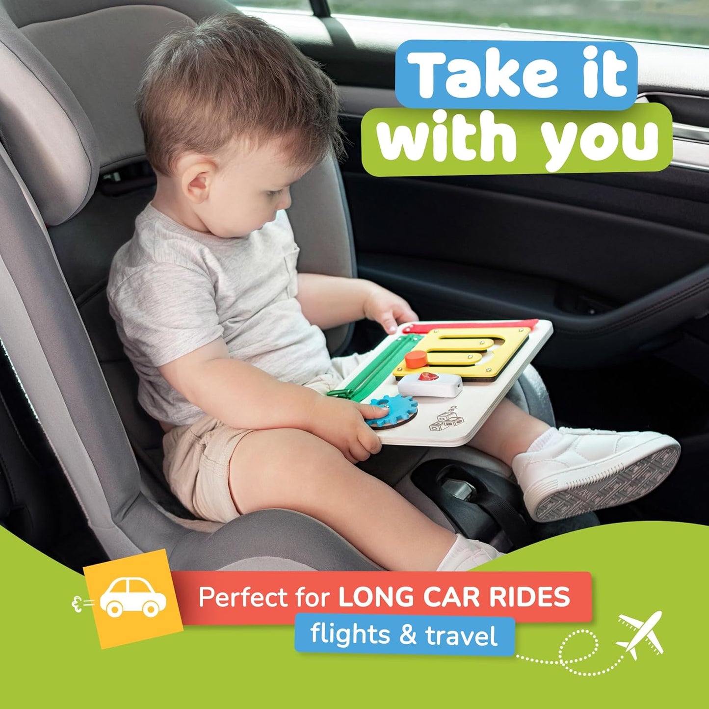 deMoca Montessori Busy Board for 1 Year Old, Premium Wooden Baby Busy Board, Airplane Toys for Toddlers 1-3, Car Travel Essential, Gift for Boys & Girls