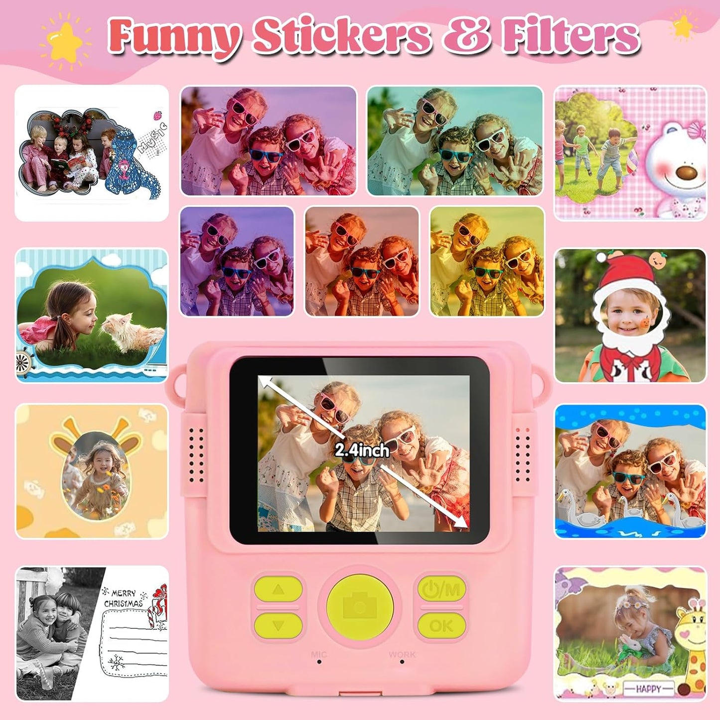 Instant Print Camera for Kids - 2.4 Inch Kids Camera Instant Print with Paper & 32G Card- Digital Children Toys as Christams Birthday Gifts for Girls Boys Age 3-12 - Pink
