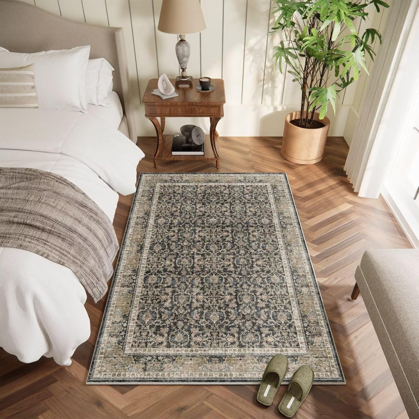 Washable 4x6 Rugs for Living Room, Boho Non-Slip Silicone Backing Small Rugs for Bedroom Nursery Office, 0.3" Neutral Oriental Throw Carpet with 0.16" Cushioning Pad, Black/Multi