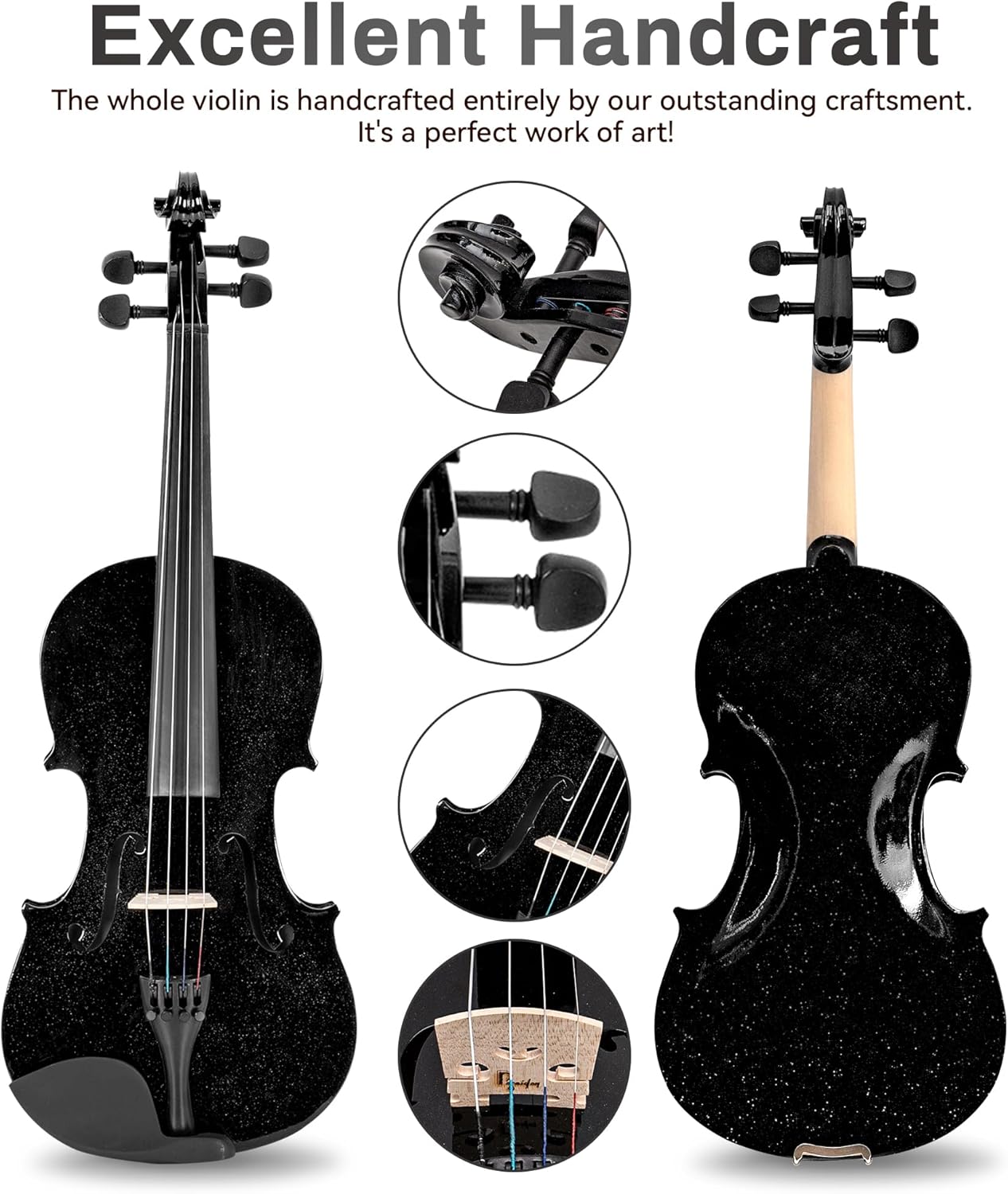 Poseidon 1/2 Violin for Kids Beginner Half Fiddle Kit, Violin Student Stringed Musical Instrument w/Case, Two Violin Strings Set, Two Bows, Two Bridges, Two Rosins, Tuner, Manual - Glossy Black