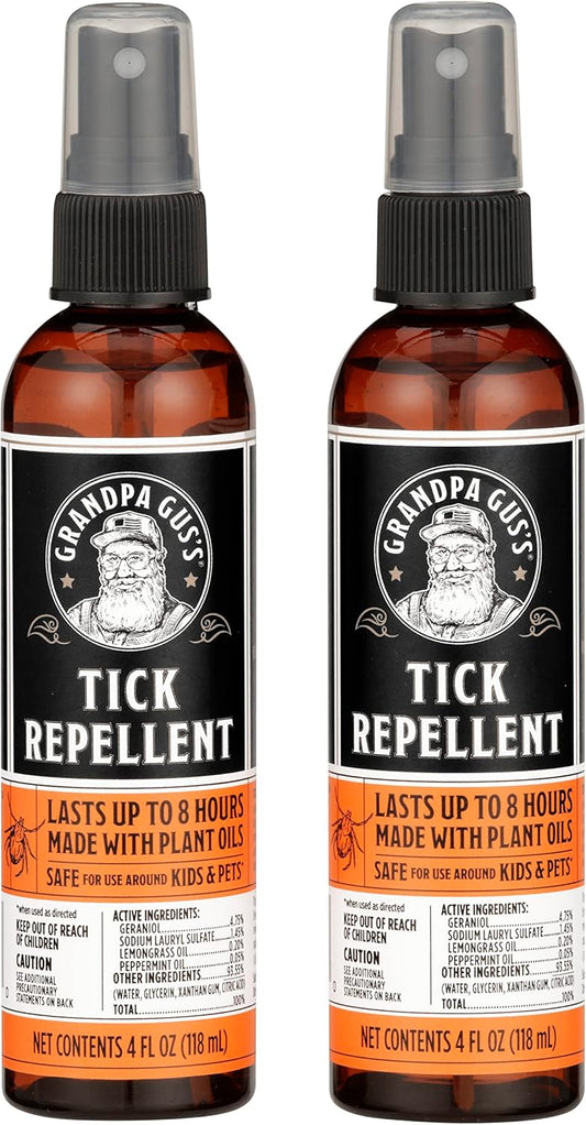 Grandpa Gus's Natural Tick Repellent Spray with Essential Oils - for Humans, DEET-Free, Up to 8 Hours of Protection, Camper Essentials, Safe Around Kids and Dogs, 4 oz (Pack of 2)