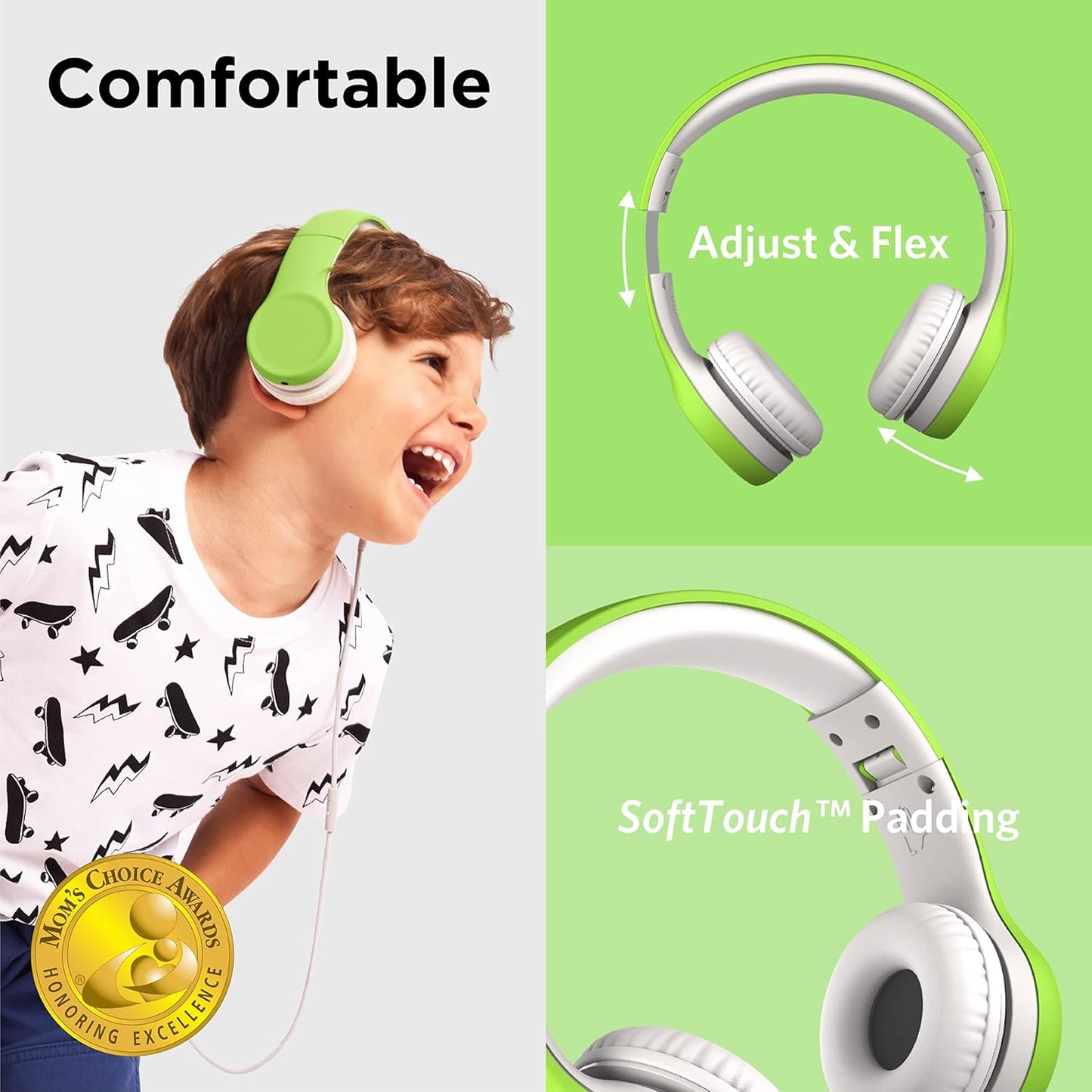 LilGadgets Connect+ Wired Kids Headphones for School with Mic, Volume Limited & Noise Reduction, On-Ear Headset with Cord, SharePort Technology for Multiple Kids & SoftTouch Padding, Green