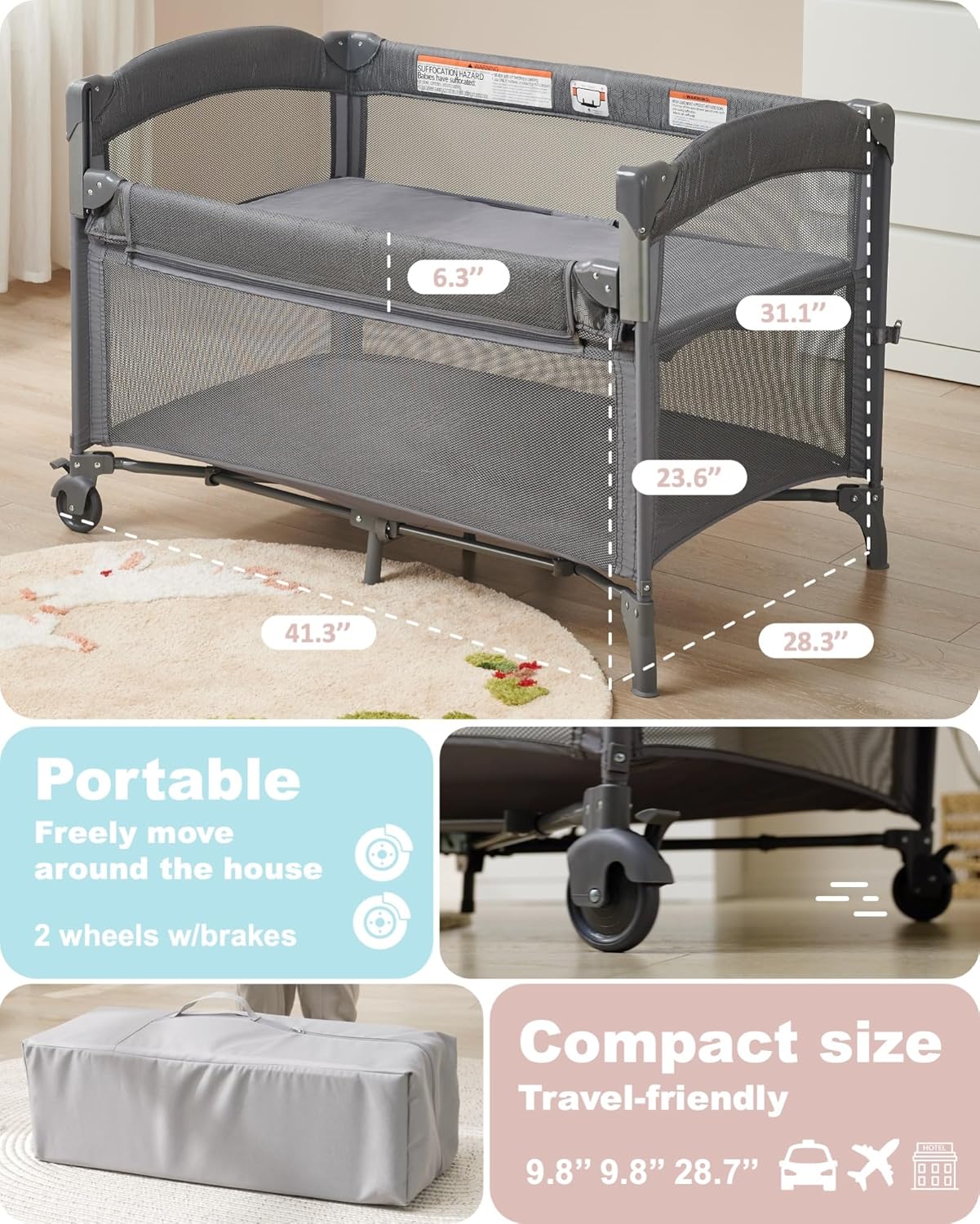 AirClub 4 in 1 Baby Bassinet Bedside Sleeper, 4 Functions Crib, Playard, Portable Changing Table, Bassinet for Newborn Baby, Bedsaide Bed w/Wheels&Brakes