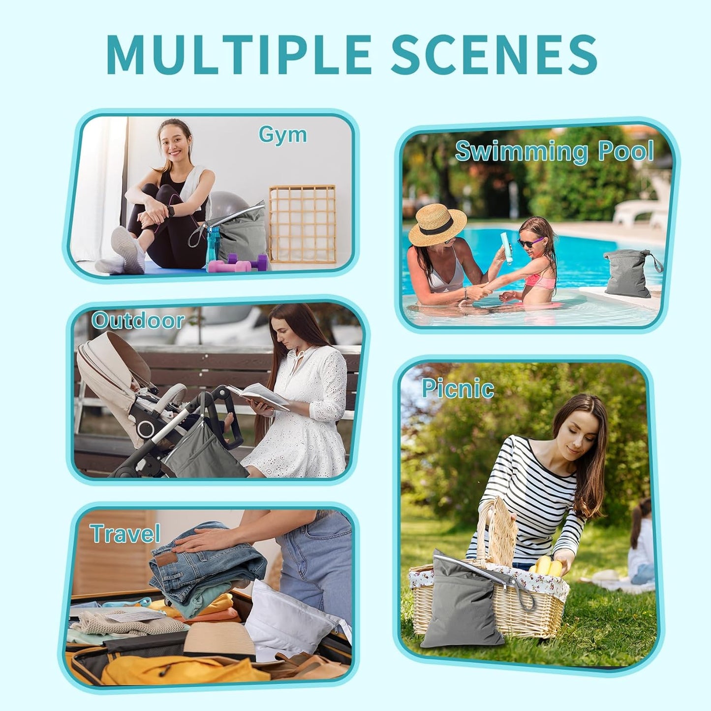 babygoal Wet Dry Bags for Baby Cloth Diapers, Washable Travel Bags, Beach, Pool, Gym Bag for Swimsuits & Wet Clothes with Two Zippered Pockets 3 Pack, 3LN24