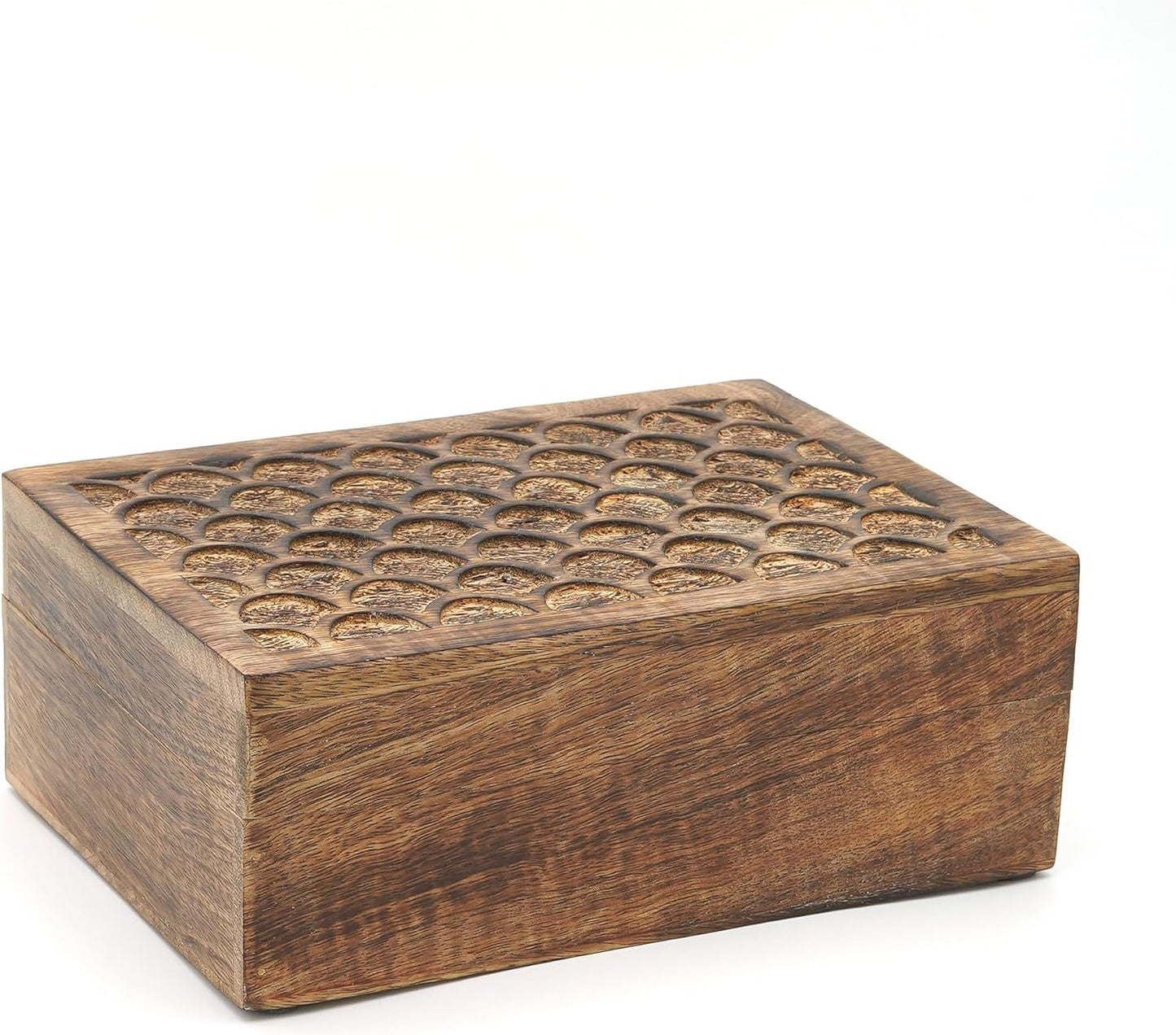 Mela Artisans Carved Scallop Mango Wood Box with Lid - Medium Burnt Extra Large Box - Handmade Decorative Box with Lid for Use As Memory BoxKeepsake BoxPhoto Storage Boxand more - 10.5” x 7.5” x 4”